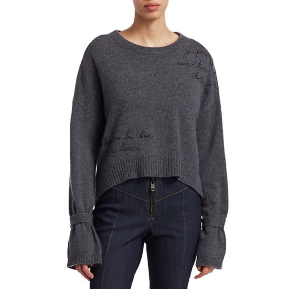 cinq à sept Charcoal Gray Crewneck Embroidered Sweater